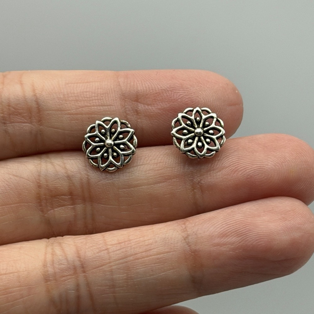 Earrings Sterling Silver 925 Round Button Studs Flower Mandala Design 9mm